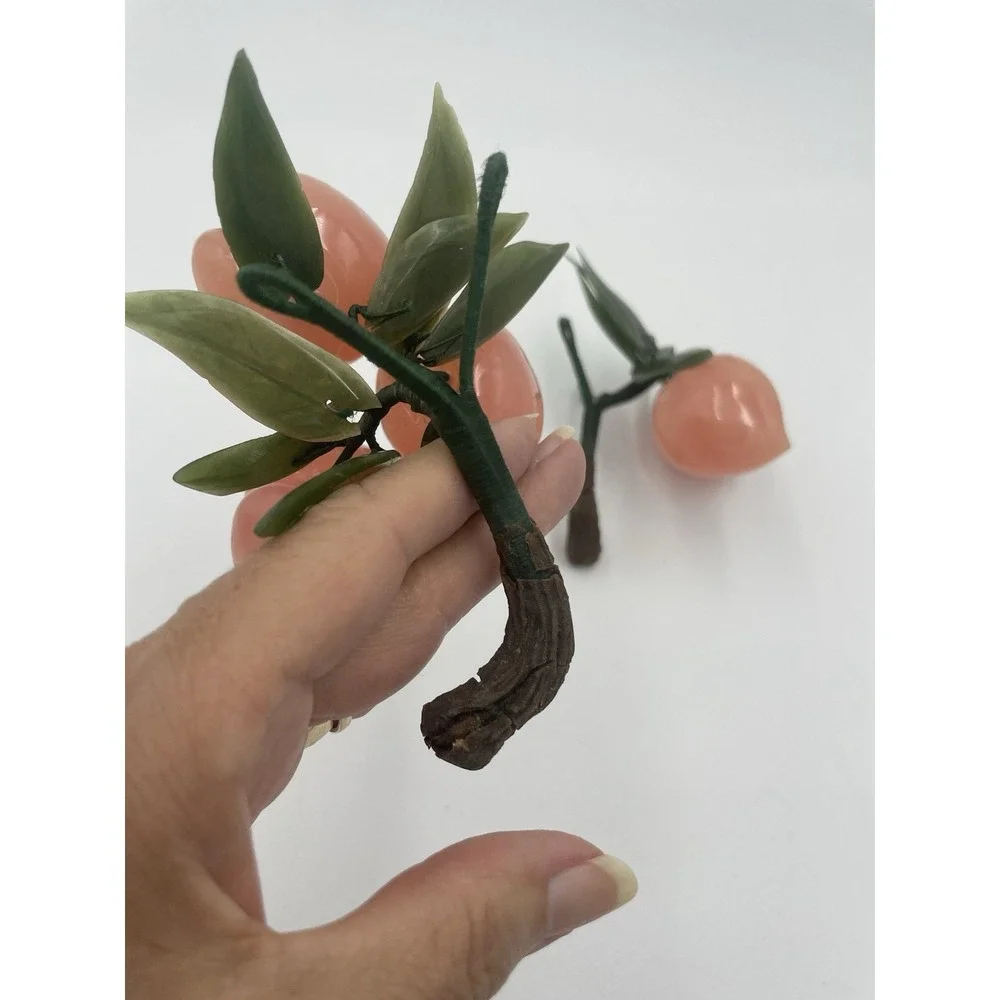 Vintage MCM Green‎ Jade & Rose Quartz Plum Branches With Jade Leaves Set of 2